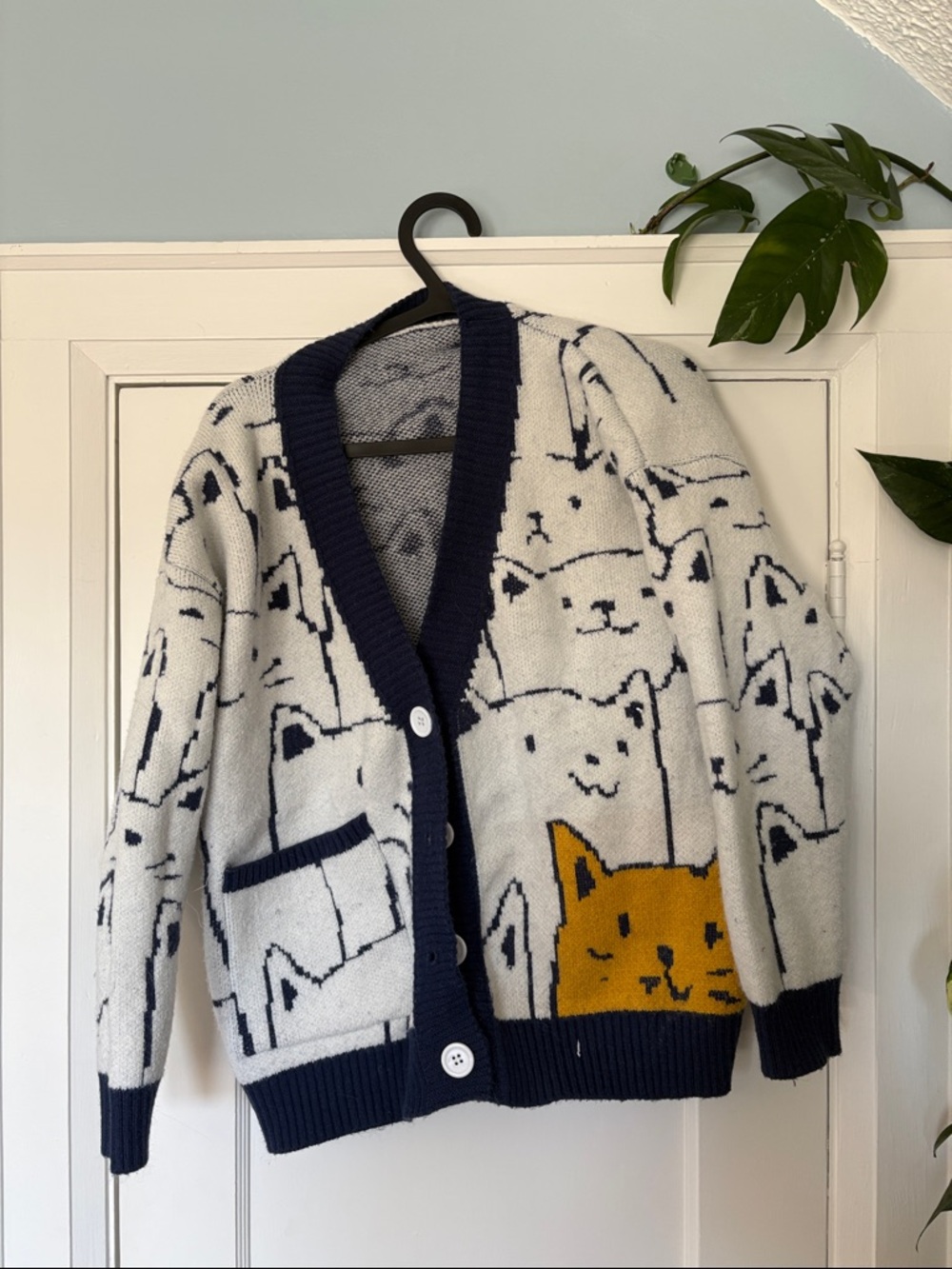 Cozy Cat Pattern Cardigan - White & Navy with Mustard Accent